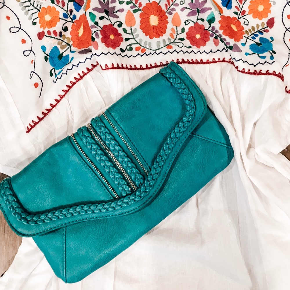 Eclectic teal leather (faux) clutch